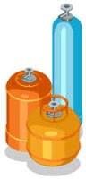 Three gas cylinders in orang, yellow and blue