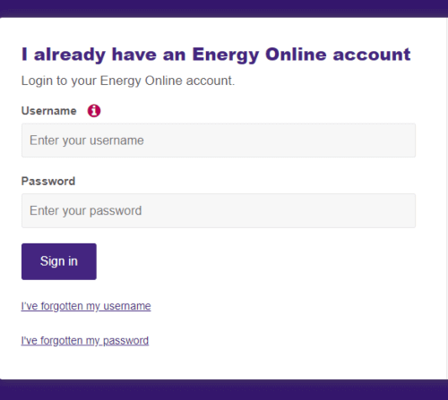 Screenshot of Energia login page
