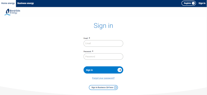 A screenshot of the Bord Gáis Energy online account login page