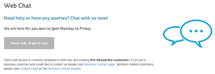 A screenshot of the Electric Ireland webchat page