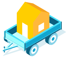 A yellow house on a blue trailer