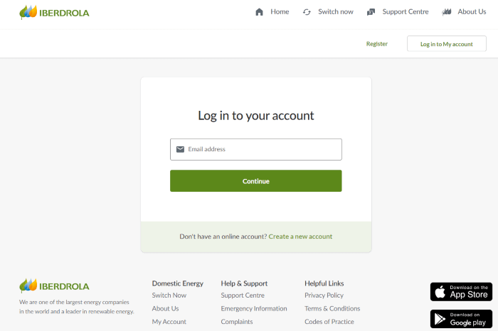 A screenshot of the iberdrola login page
