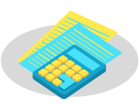 A blue and yellow calculator on two documents