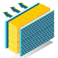 two yellow sections of wall with blue insulation sandwiched between them