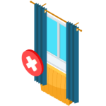 Long curtains over a window with a radiator underneath and a red X mark