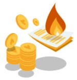 A gas flame and piles of coins