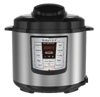 A stainless steel round instant pot machine with a black lid, and a digital display with buttons