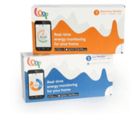 Two boxes, white and orange and white and blue, containing a Loop electricity monitor and a gas monitor