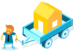 A man towing a yellow house in a blue cart