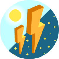 A lightning bolt on a split daylight-nighttime background