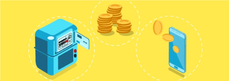 A meter with a card being inserted, three piles of coins, and a smartphone