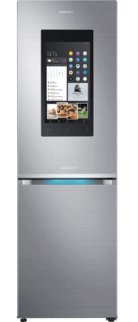 A stainless steel fridge freezr with a large black LCD panel on the top door.