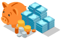 A piggybank with piles of notes and coins beside it.