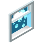 A window showing clouds and snowflakes outside