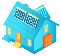 A blue house with solar panels on the roof