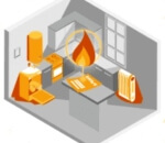 A kitchen with appliances in orange and a picture of a gas bill on the counter