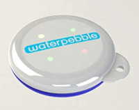 A round plastic gadget with waterpebble written on it and four lights in different colours