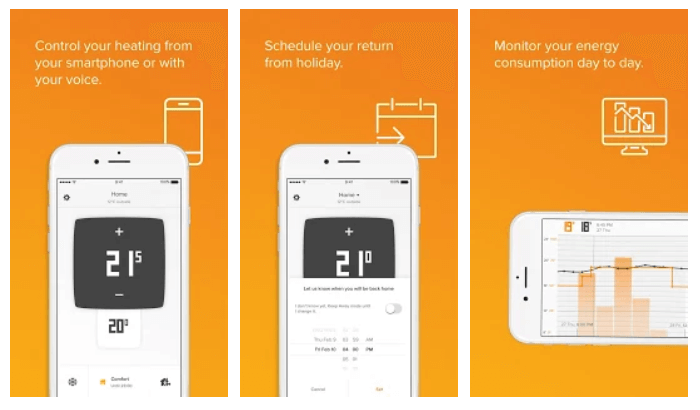 A screenshot of three different pages from the Netatmo Energy app