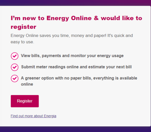 Screenshot of Energia online account registration page