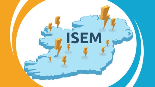 A map of Ireland peppered with Electricity bolts and the ISEM logo in the middle