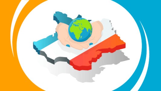 A map of France with the french flag colours and two hands cradling a globe of the world