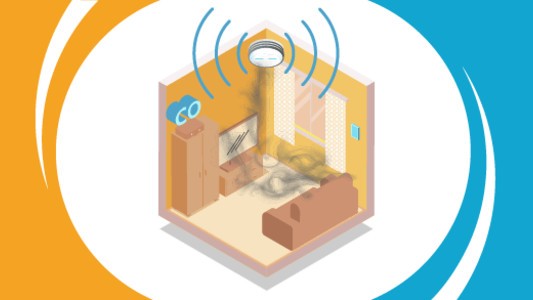 A cross section of a room with an alarm going off and a smoky substance in the air