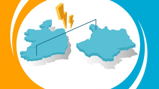 The Republic of Ireland and France united by a thin blue cable with electricity signals over it