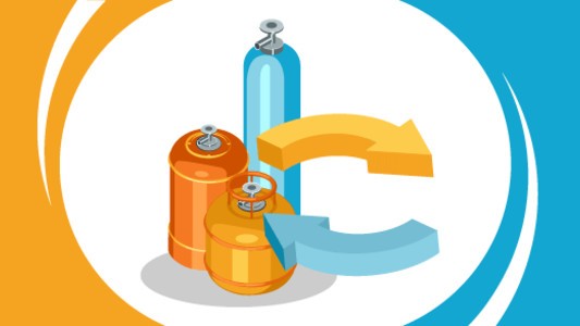 Three different types of LPG cylinders with arrows circling to and from them