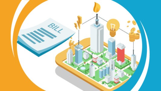 Several buildings connected to each other with images of gas flames, electricity bulbs and a pile of bills beside them