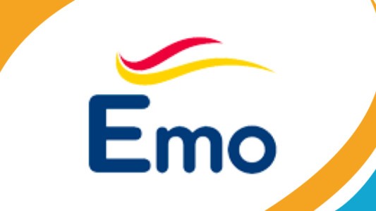The Emo logo centred in a blue and orange banner
