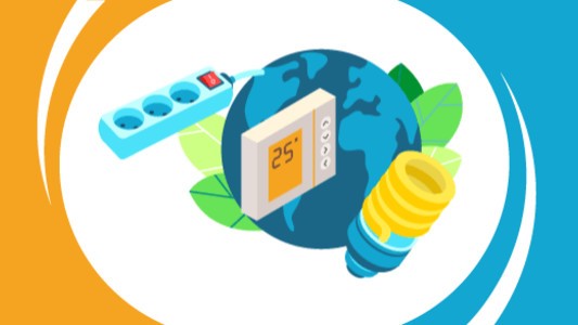 A blue world map globe with a smart thermostat, energy-saving light bulb, and a power strip around it