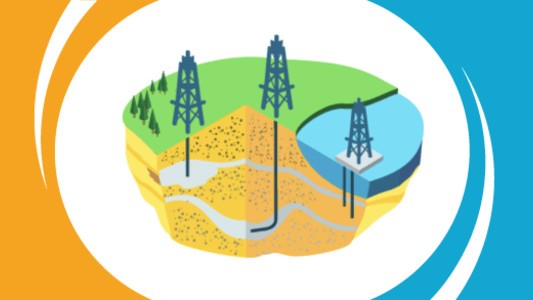 A cross section of a drilling operation showing a pipe going into the ground from a drilling tower