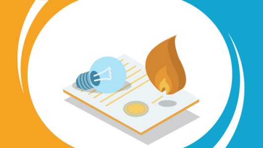 A document with a flame and electricity bulb on top of it