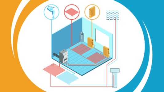 Cross section of a room with piping underneath it and rradiators