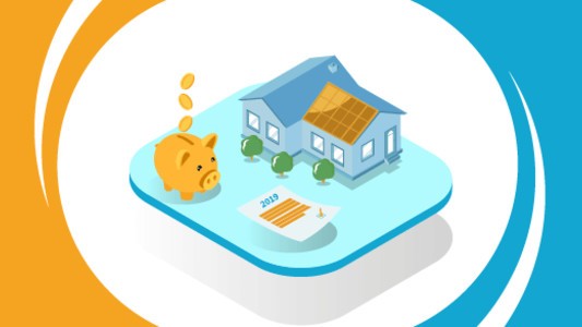 A house with a piggy bank and a contract beside it