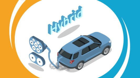 A blue car plugged into a multi-socket with the word \Hybrid\" behind it"