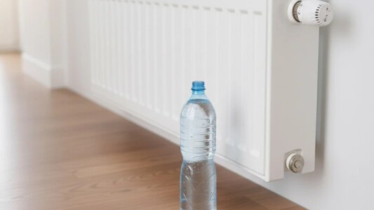 Bottle of water in front of a radiator