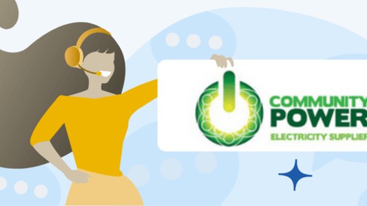 Customer Service Representative holding a Community Power Logo