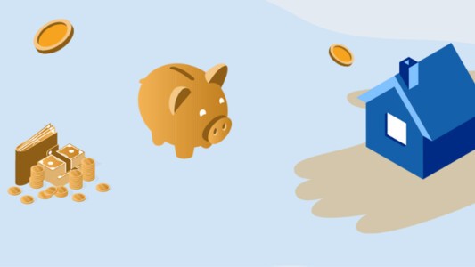 Piggy bank next to a home and gold coins