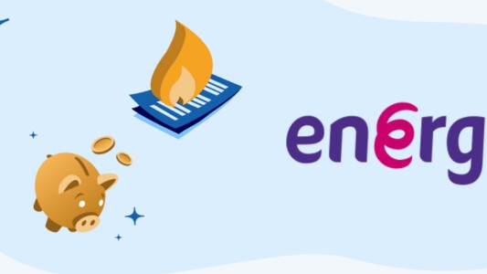 Energia logo next to gas flame and piggybank