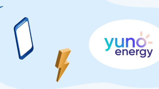 Yuno Enery logo next to a mobile phone and bolt