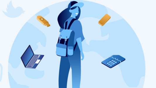 Image of a person travelling surrounded by devices