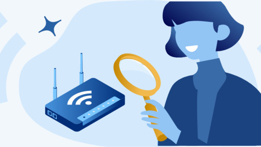 Image of a person inspecting a WiFi router with a magnifying glass