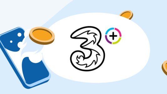 Image of the Three Plus logo alongside a mobile with coins