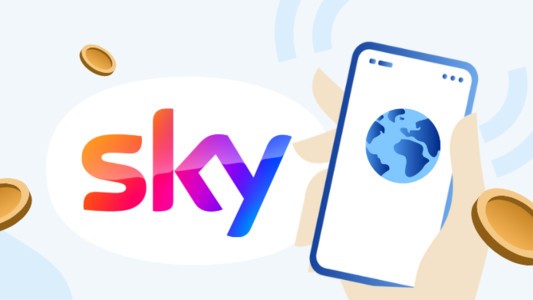 Image of the Sky logo next to a smart phone surrounded by coins