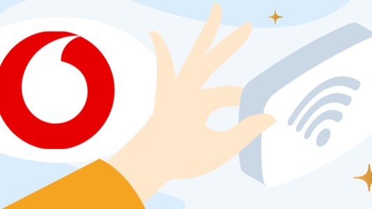 Image of the Vodafone logo next to a mobile broadband router