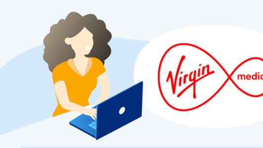 Image of the Virgin Media logo next to a person on a laptop