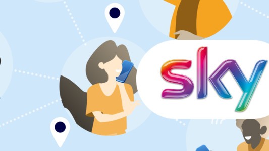 Image of several people communicating around the Sky logo