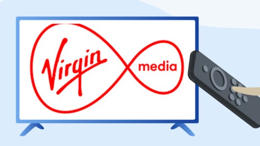 Image of the Virgin Media logo on a tv