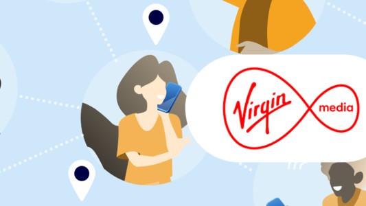 Image of people on mobiles surrounding the Virgin Media Logo